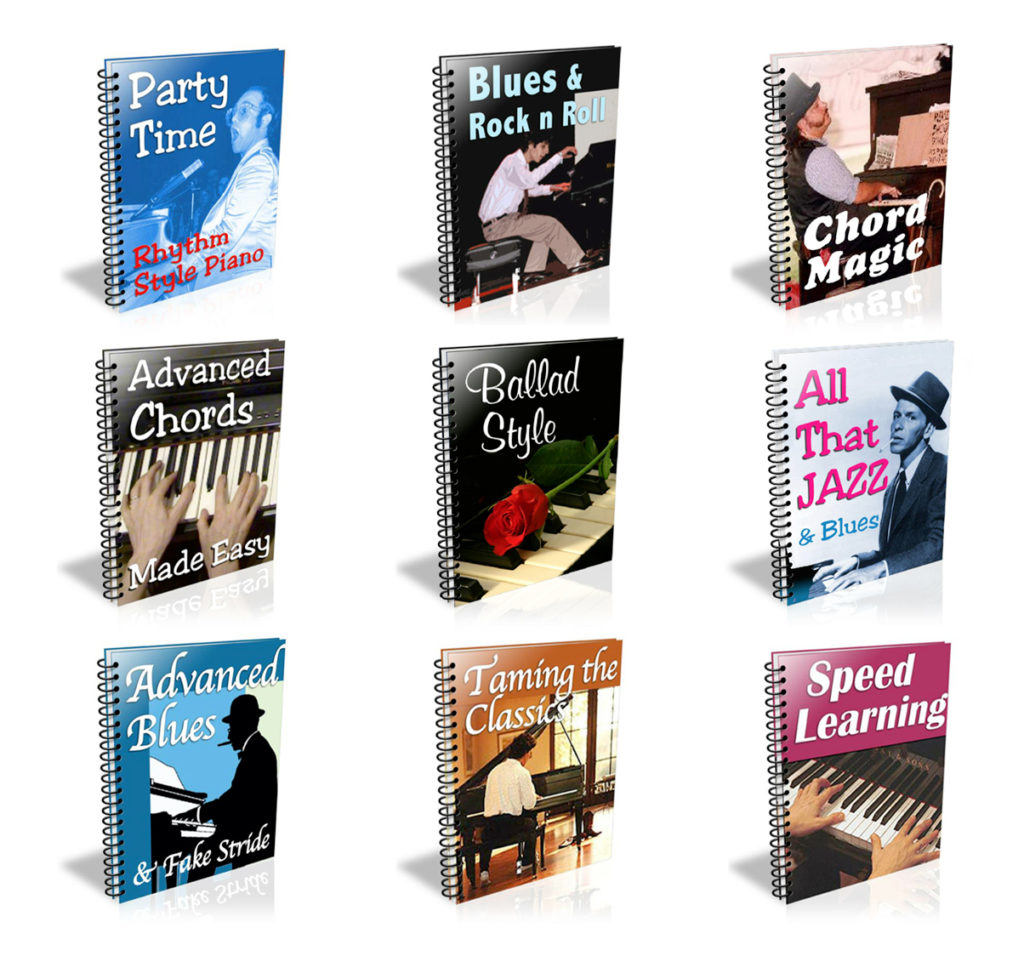 An extensive collection of Piano For All books featuring diverse styles of music.