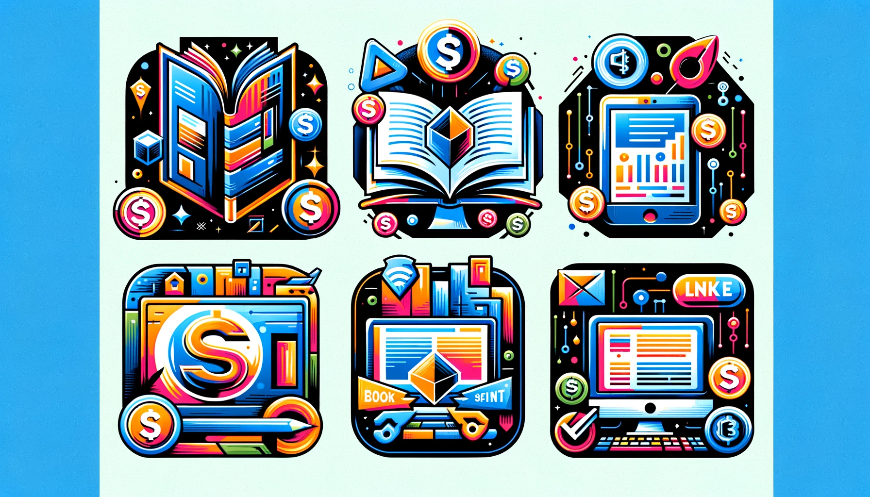 A-collection-of-digital-product-icons-representing-eBooks-software-and-online-courses-designed-with-vibrant-colors-and-diverse-styles.