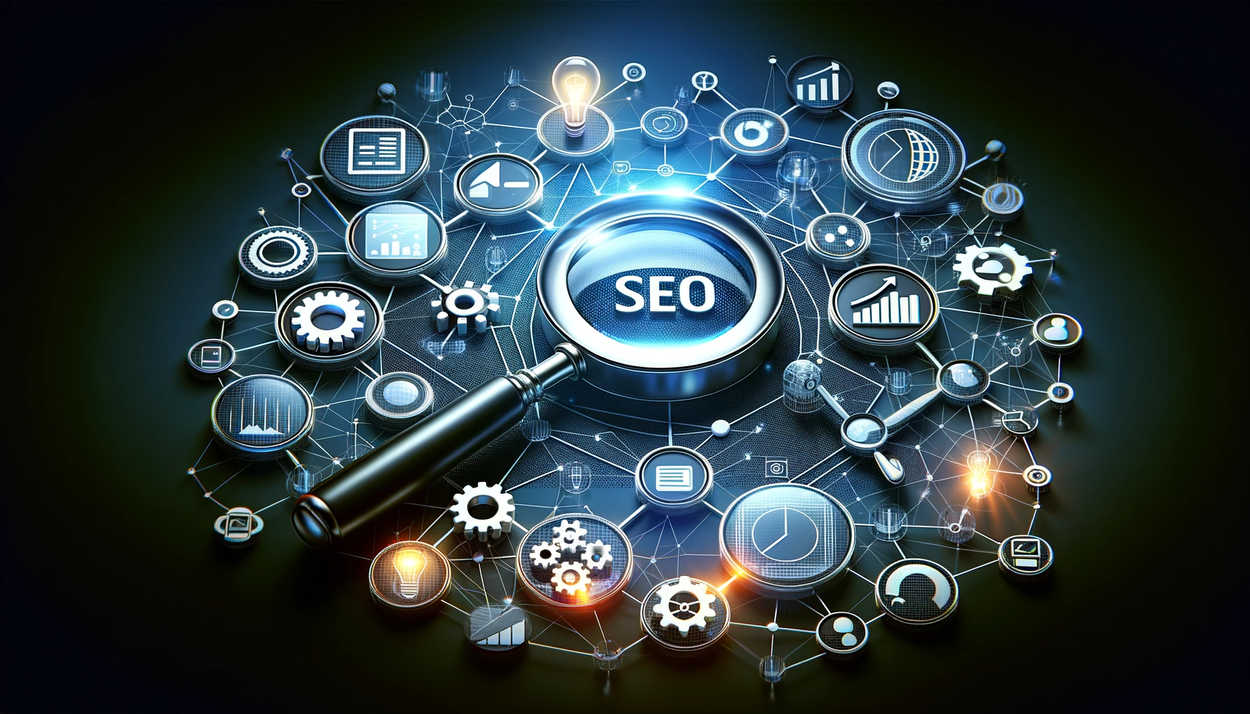 A-digital-image-featuring-a-magnifying-glass-focusing-on-a-complex-web-of-interconnected-SEO-icons.-These-icons-include-a-search-bar-gears-graphs