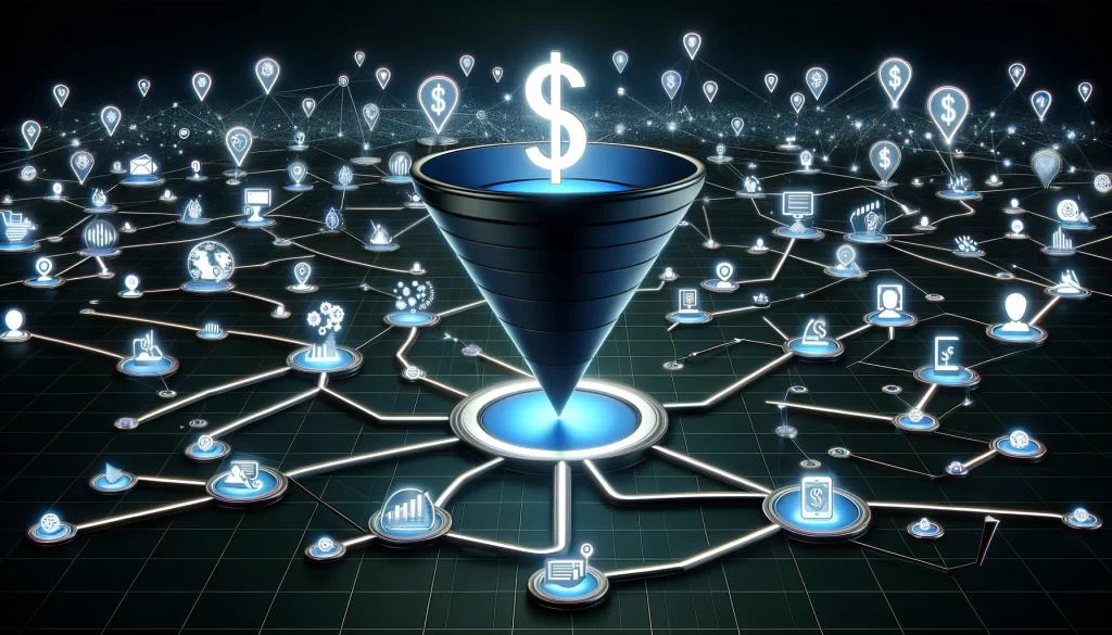 An image showcasing affiliate marketing optimization techniques with a dollar sign symbolically represented within a funnel.