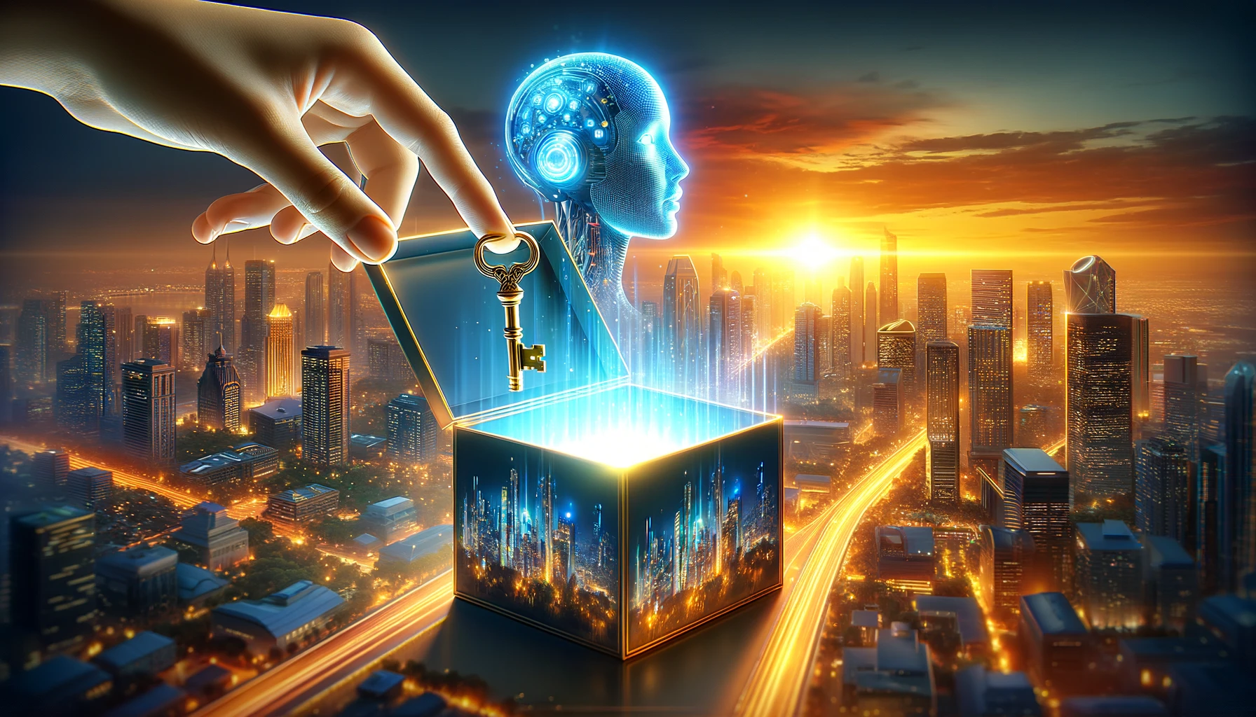 A hand holding a key to a box with a city in the background, unlocking profitable ventures with the power of AI.