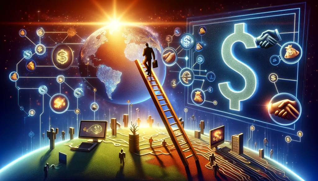 A man is standing on a ladder in front of a globe with a dollar sign on it, demonstrating success in affiliate marketing.