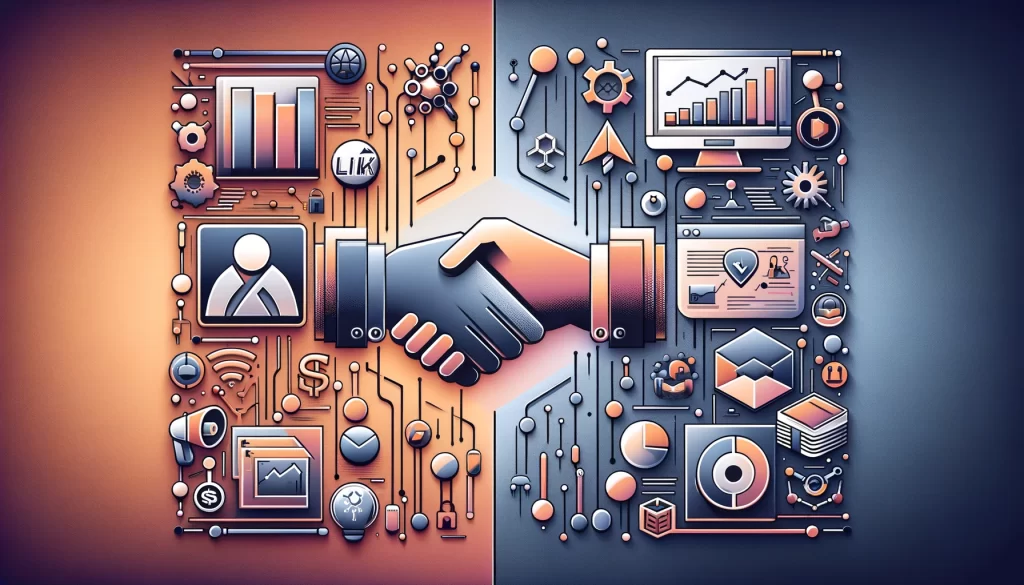 Two people shaking hands in front of a circuit board, discussing strategy planning for Affiliate Marketing VS Digital Marketing in 2024.