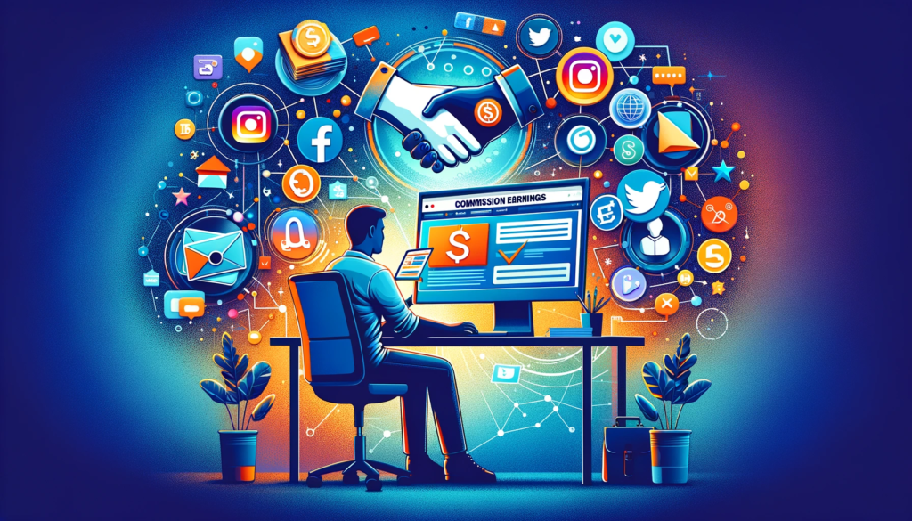 A man sitting at a desk with social icons surrounding him as he learns how to become an Affiliate Marketer.