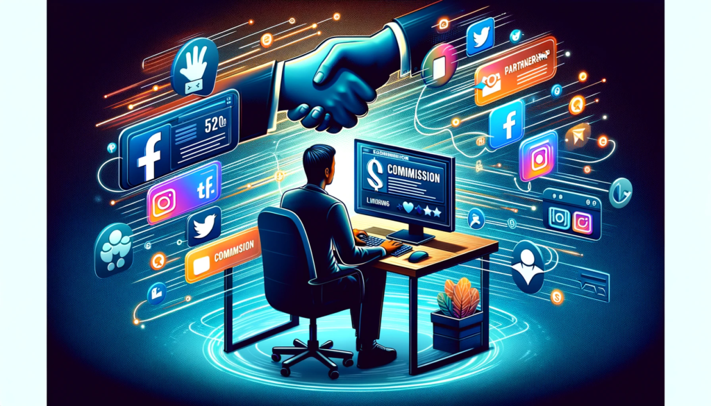 An illustration of a man at a desk with social icons surrounding him, depicting the process of becoming an Affiliate Marketer.