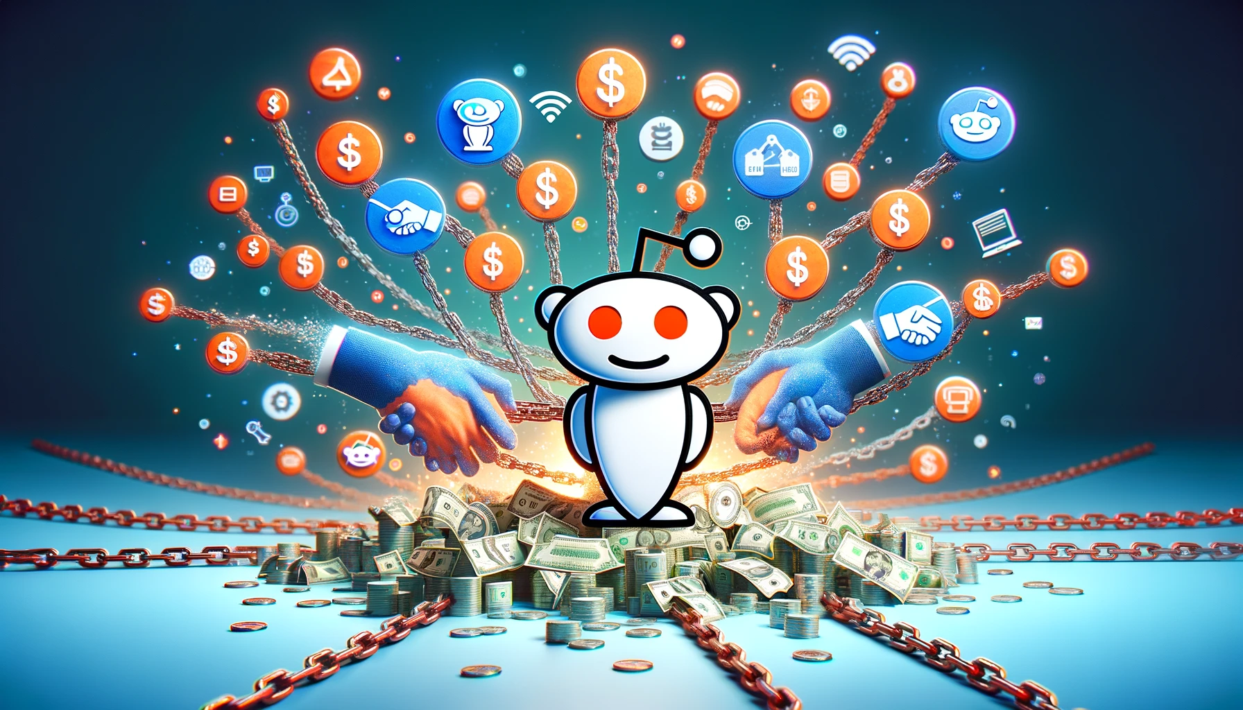 A Reddit character is engulfed in a sea of money and various iconography, symbolizing the potential wealth and success that can be achieved through affiliate marketing on the platform.