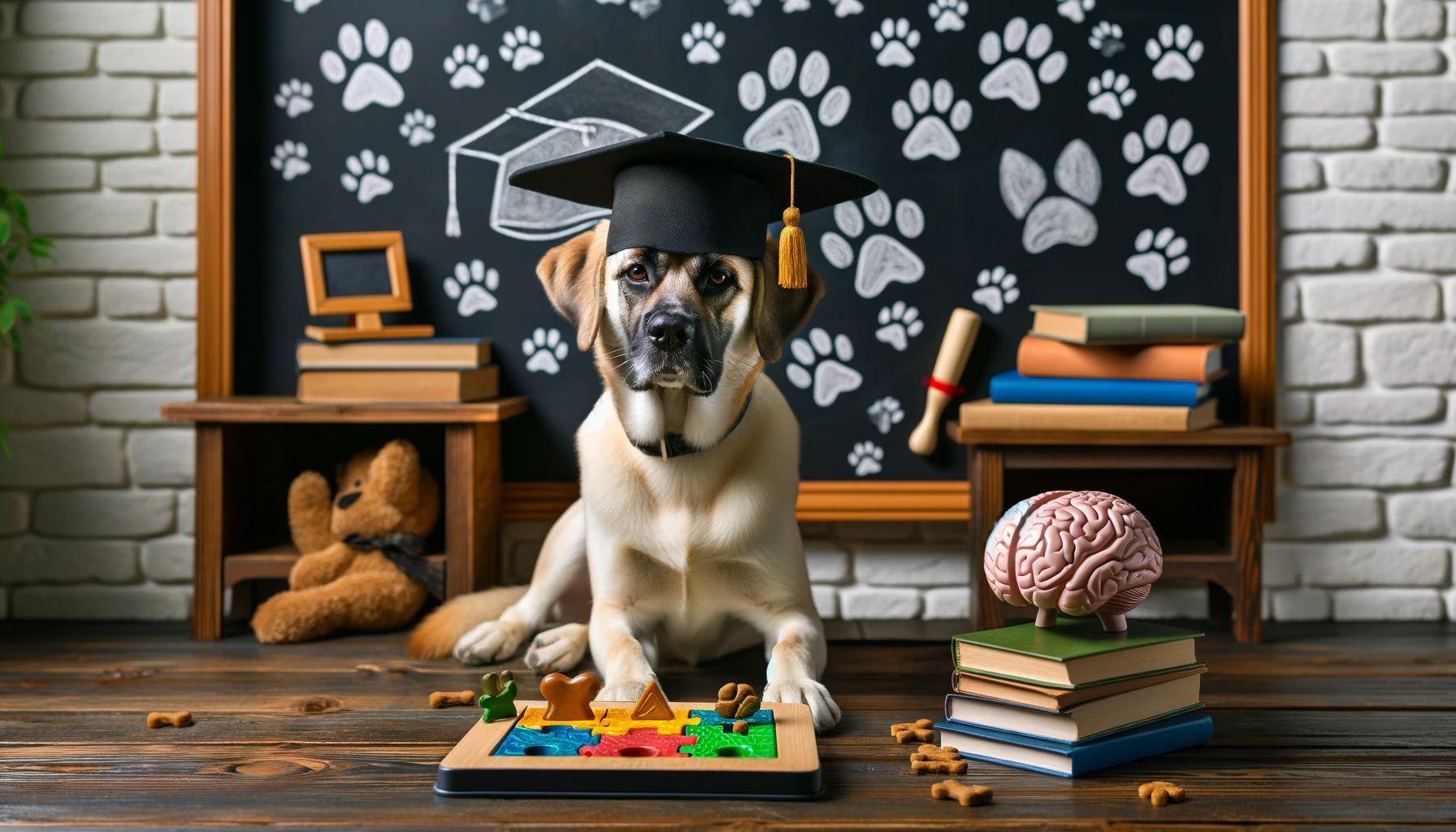 A dog wearing a graduation hat sits in front of a blackboard, engaging in brain training for dogs.