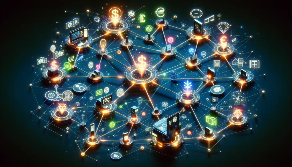 An image displaying a network of lights and icons, showcasing the exciting world of affiliate marketing opportunities.