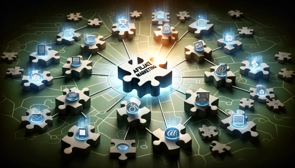 A puzzle pieces connected to each other, representing the intricate and interdependent nature of affiliate marketing strategies.