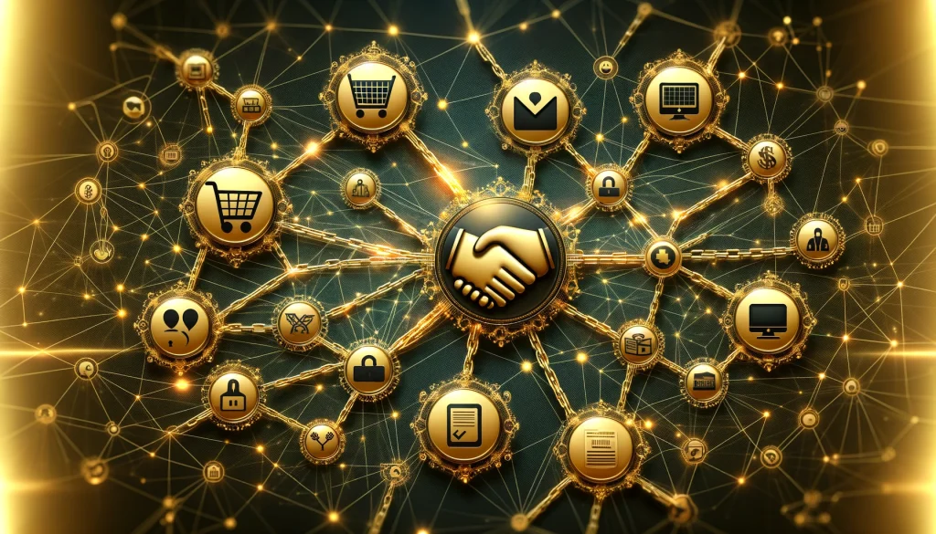 A network of gold circles with icons.