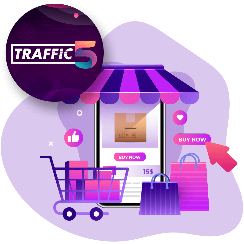 A purple icon with a shopping cart and the words traffic 5.