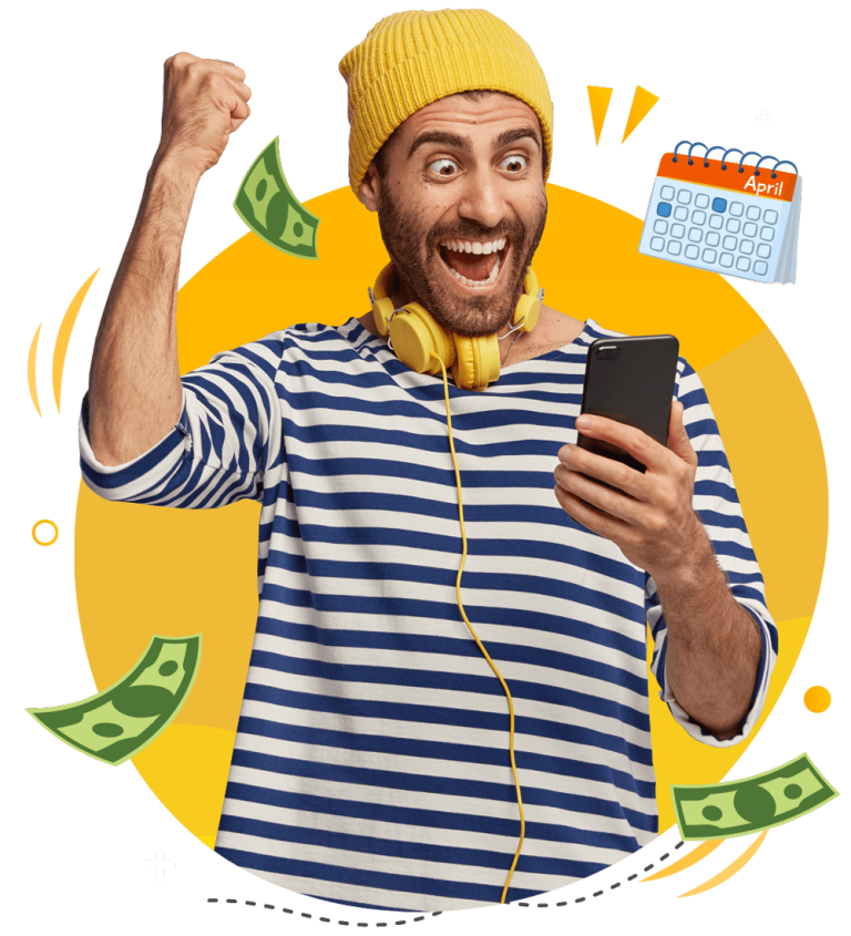 A man holding a mobile phone with money around it.