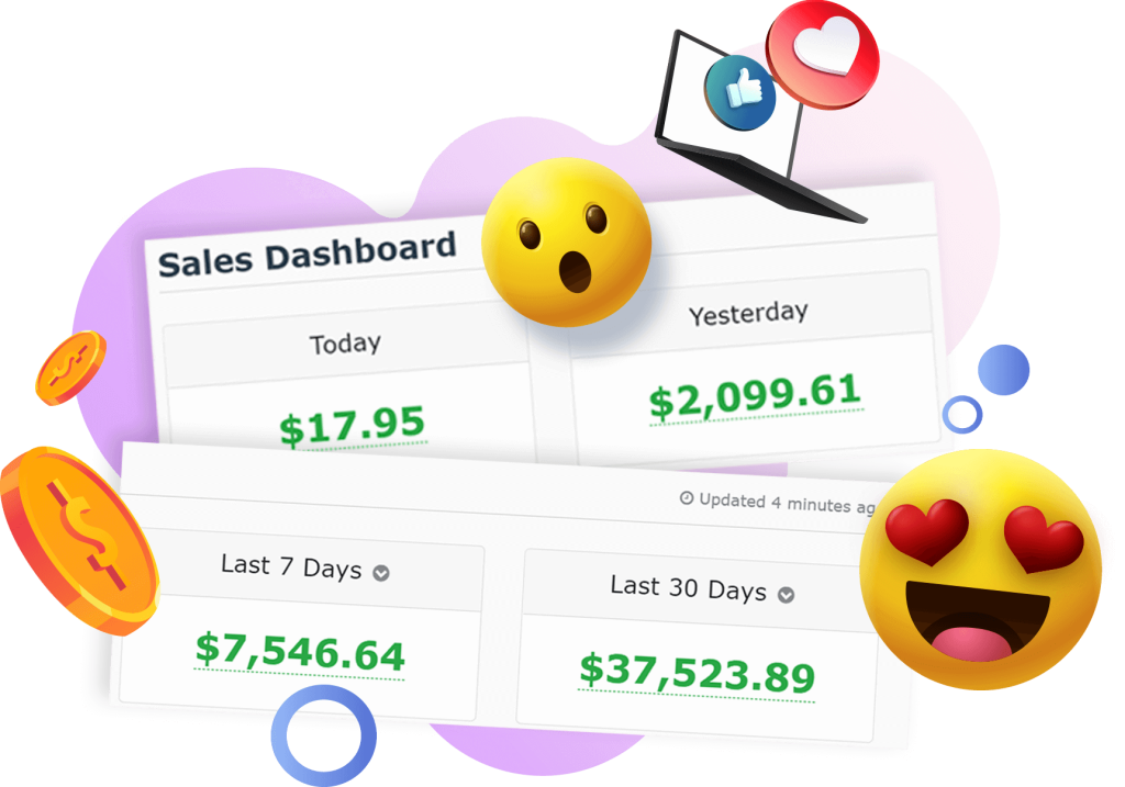 A sales dashboard with emojis and money.