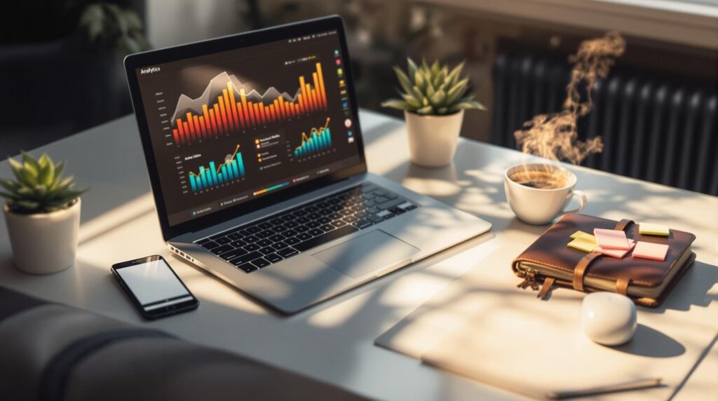 A laptop displaying colorful graphs sits on a desk, alongside a smartphone, steaming coffee cup, notepad with sticky notes, and small plants. Sunlight streams through the window as you explore "Affiliate Marketing for Beginners: How to Start Earning Today" on your screen.