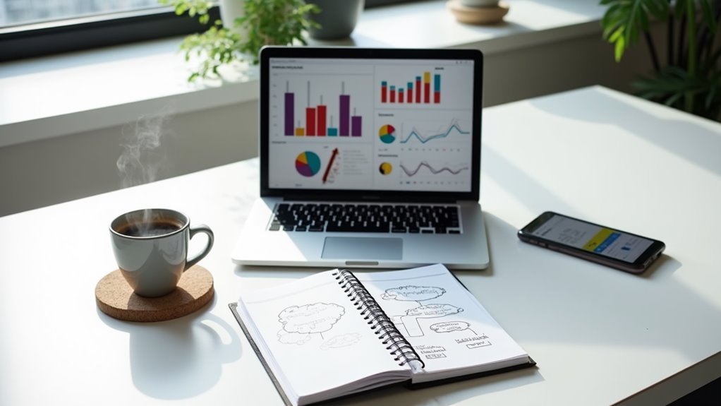 Open laptop displaying charts related to affiliate marketing, a steaming cup of coffee, a notebook with sketches for beginners, and a smartphone on a white desk by a window with plants.