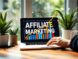 A person types on a laptop displaying a graph with an upward arrow and the phrase "Affiliate Marketing for Beginners: How to Start Earning Today." Two potted plants bring a touch of nature to the desk.