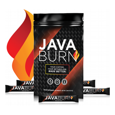 The Java Burn package features sachets upfront and a vibrant flame logo on the left. The text proudly reads: "Your Coffee. Your Metabolism. Made Better." With its striking black, orange, and white color scheme, it's clear why every Java Burn review praises its transformative power.