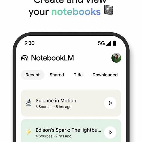 A smartphone screen displays the NotebookLM app with sections for recent, shared, title, and downloaded notebooks, along with two example notebooks and a banner highlighting NotebookLM Key Updates 2025 and new Flashcards features.