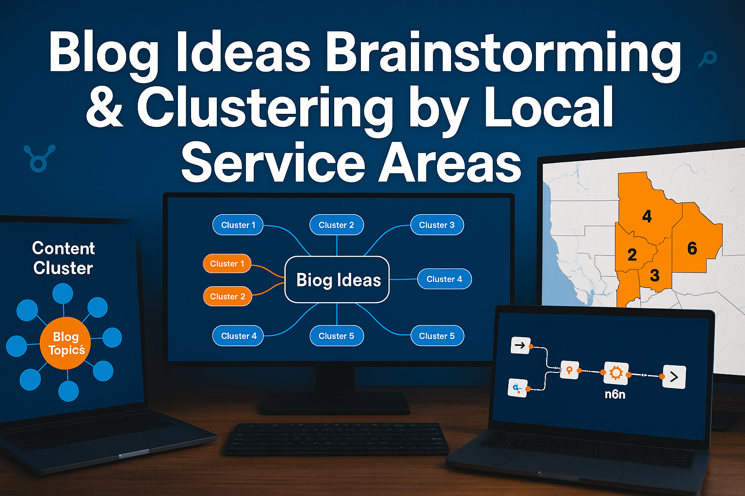 Four screens display diagrams on blog idea clustering, local service area mapping, and social post generation using AI prompts, with a large title about brainstorming blog ideas by location.