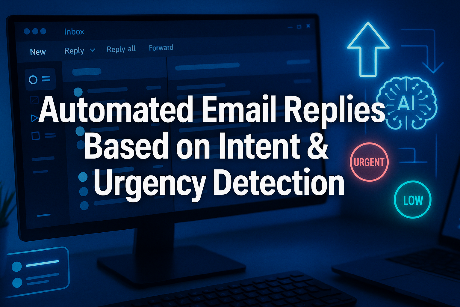 A computer screen displays an email inbox with the text “Automated Email Replies: Intent & Urgency Detection Guide 2025,” surrounded by digital icons for AI, urgency, and reply.