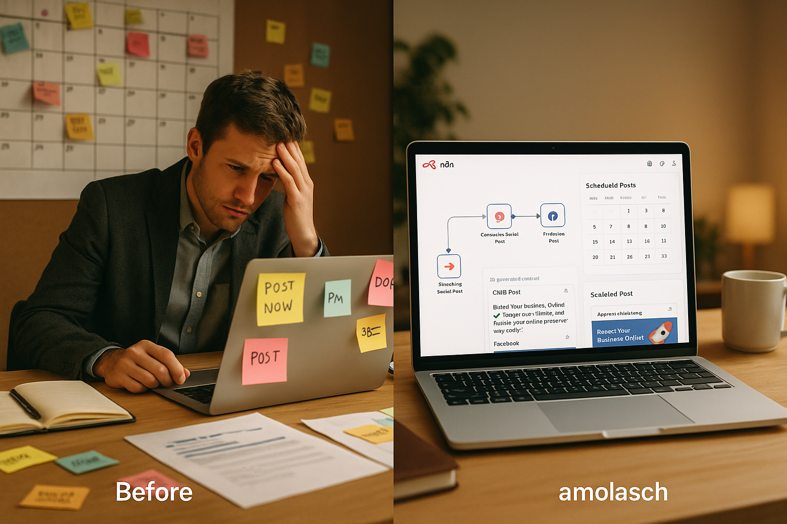 Split-screen composition (1536x1024) showing before/after comparison of manual social media posting versus automated AI workflow. Left side: