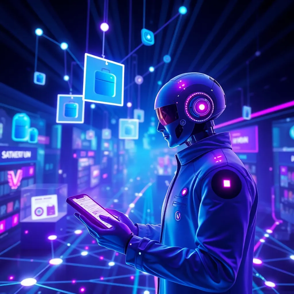 A professional marketer monitoring a holographic dashboard where AI purchasing agents process delegated consumer decisions using schema markup and real-time APIs.