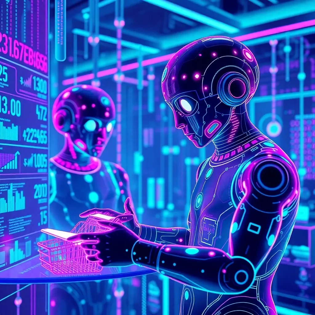 A futuristic visualization of consumer AI agents making automated purchasing decisions via a machine-readable data feed with neon 2026 aesthetic for affiliate commerce optimization.